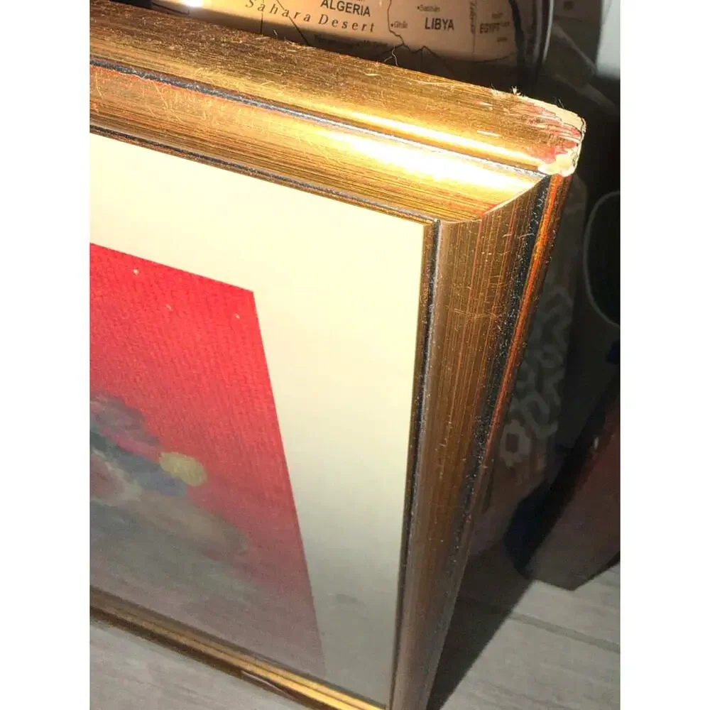 Vintage 1970s Framed Needlepoint Fruit Still Life Red Gold Frame Wall Art 21x18